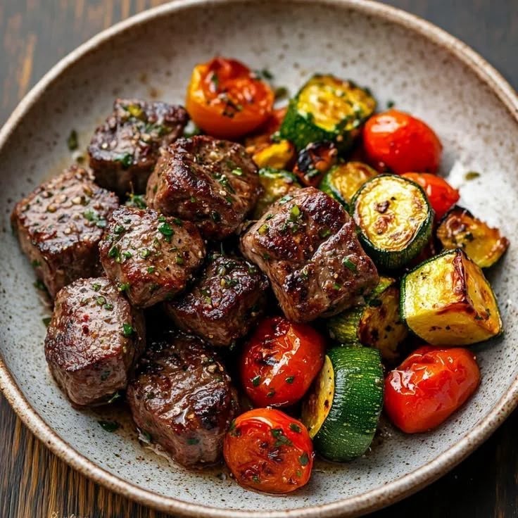 Bocados de carne con vegetales salteados